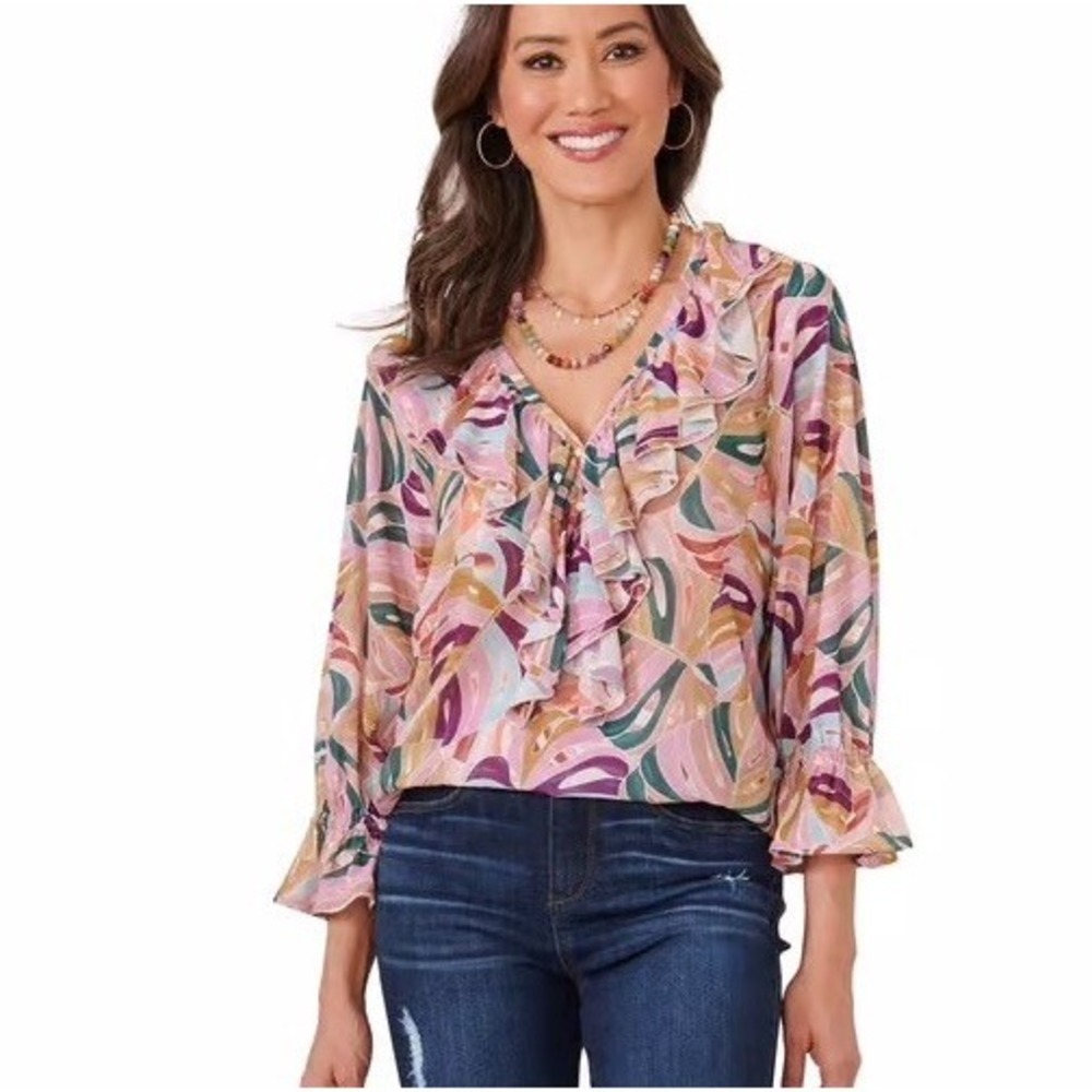 Democracy Pink Multi-Color Ruffle V-Neck Blouse